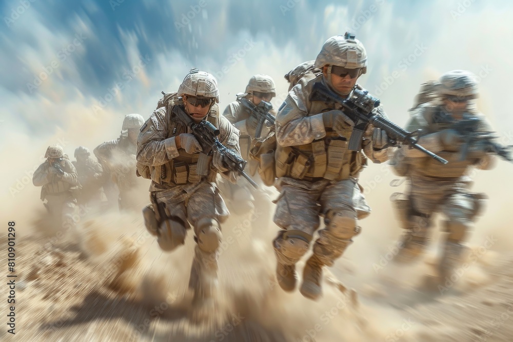 A dynamic image capturing the intense movement of soldiers equipped with full gear amidst a cloud of dust and harsh sunlight