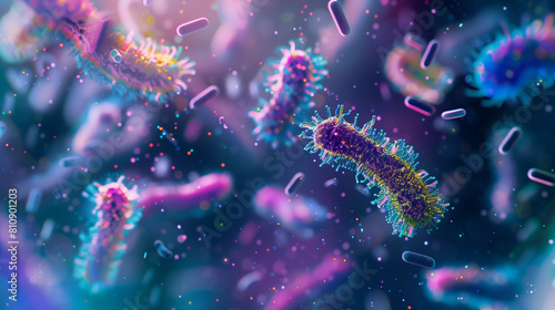 Microphotography 3d rendering of virus cells or germs microorganism cells, realistic super macro photo concept art, abstract background. #810901203