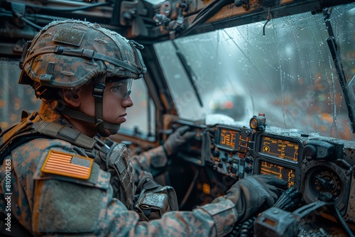 Inside a military vehicle, a soldier operates the control panel amidst a rain-soaked windshield