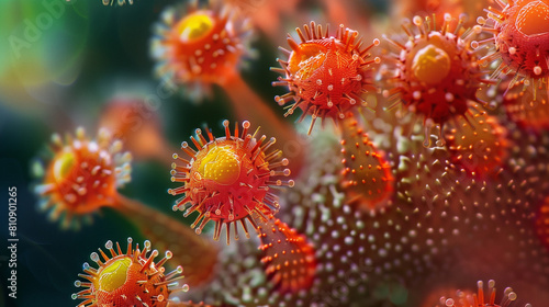 Microphotography 3d rendering of virus cells or germs microorganism cells, realistic super macro photo concept art, abstract background.