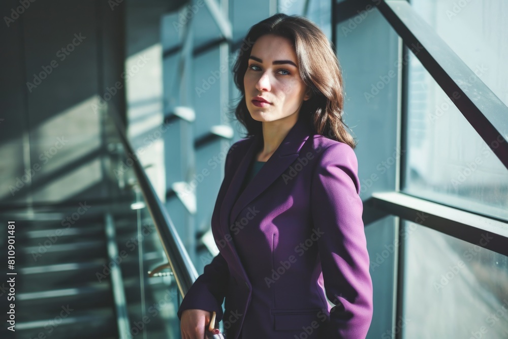 Purple-haired woman in a suit standing on stairs Fictional Character Created By Generative AI. Purple-haired woman in a suit standing on stairs Fictional Character Created By Generative AI.