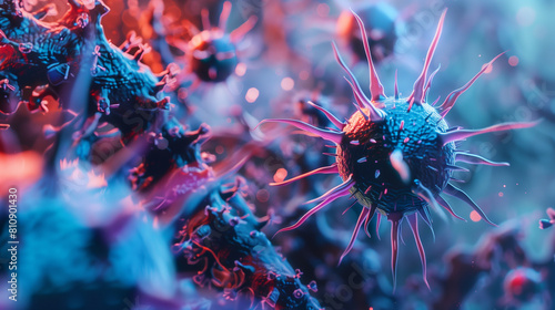 Microphotography 3d rendering of virus cells or germs microorganism cells, realistic super macro photo concept art, abstract background.