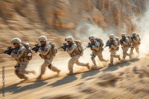 High-energy shot showing a line of soldiers rushing forward with determination amidst flying sand in a desert photo