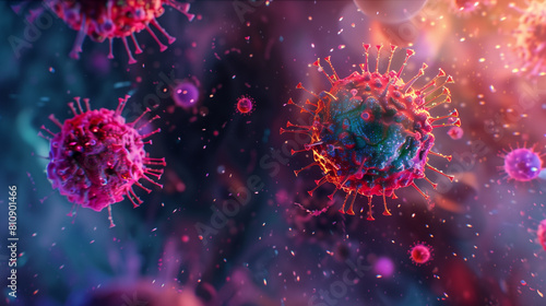 Microphotography 3d rendering of virus cells or germs microorganism cells, realistic super macro photo concept art, abstract background.