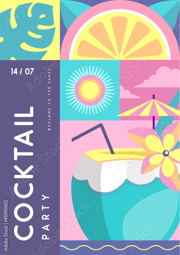 Retro flat summer disco party poster with summer attributes. Pina colada cocktail , tropic fruits and leaves. Vector illustration