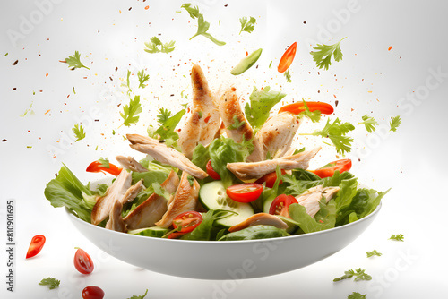 Chicken and fresh vegetables salad falling in bowl on white background