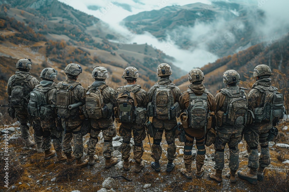 Military squad standing in line, gazing over fog-covered hills in an overcast weather setting Military squad standing in line, gazing over fog-covered hills in an overcast weather setting