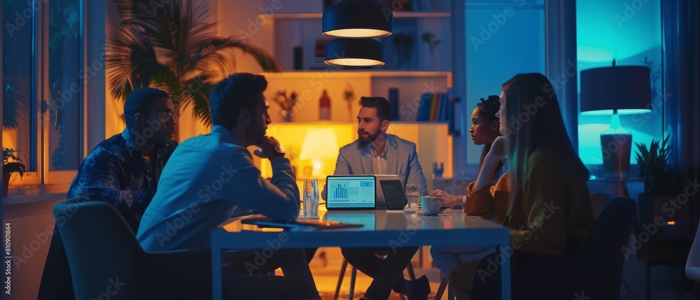 © Антон Сальников - In an evening meeting room, different creative colleagues discuss a new business opportunity. Close up of a tablet computer with a timeline for project planning and development.