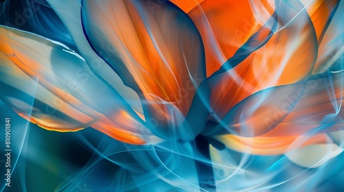 abstract background, a blurry image with blue and orange colors, floral surrealism, graceful curves, flickr, serene simplicity, light black and orange, glass as material photo