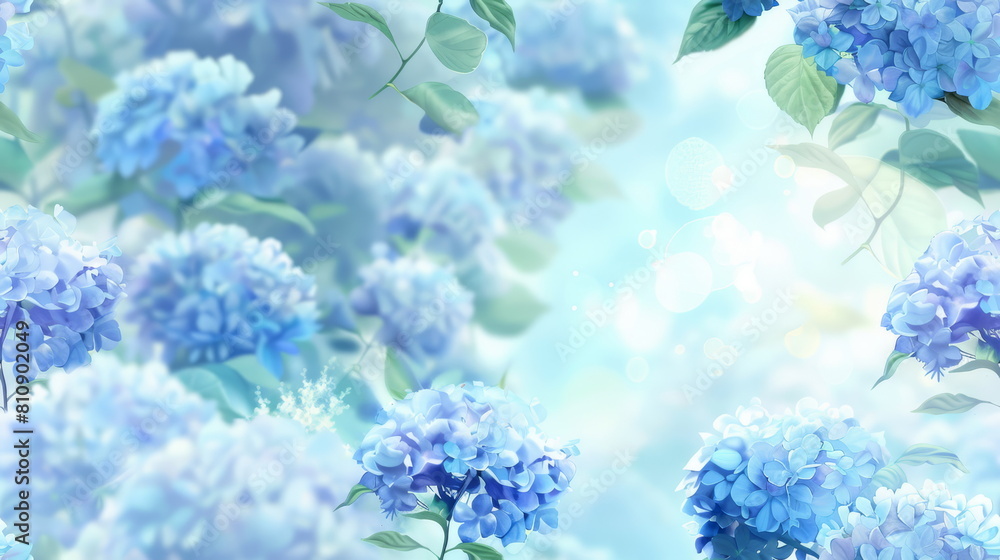 Naklejka premium Seamless pattern. Lush blue hydrangeas with soft bokeh, ideal for botanical wallpapers or tranquil nature themes.