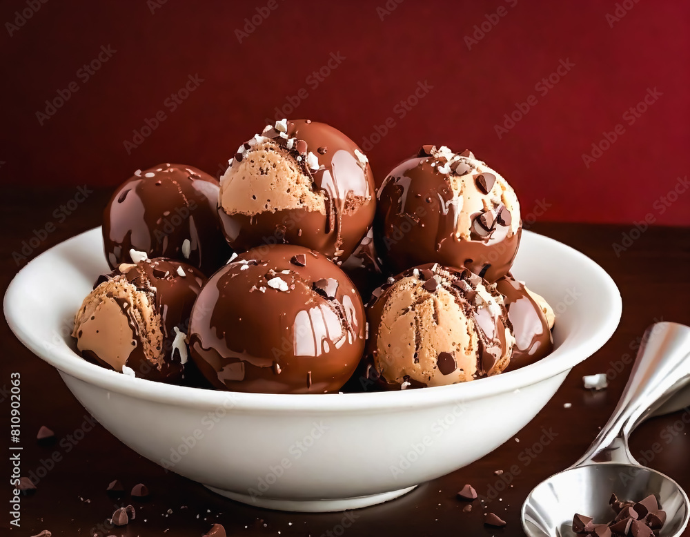 Caramel ice cream with chocolate sauce in a white porcelain bowl Caramel ice cream with chocolate sauce in a white porcelain bowl