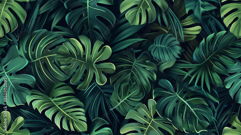 Seamless pattern. Lush green monstera leaves, great for tropical and botanical themes. Seamless pattern. Lush green monstera leaves, great for tropical and botanical themes.