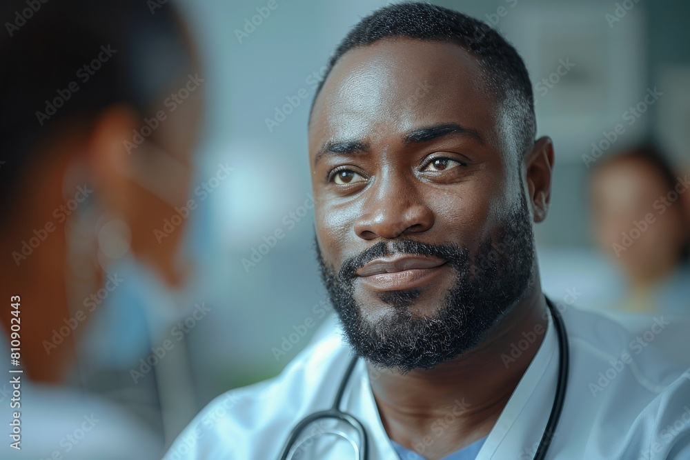 Fototapeta premium Close-up of serious African-American doctor in white coat listening intently