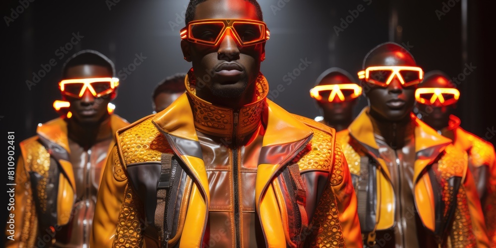 Visionary Presence: Man in Black Jacket Leading Group of Futuristic Orange-Clad Individuals Visionary Presence: Man in Black Jacket Leading Group of Futuristic Orange-Clad Individuals