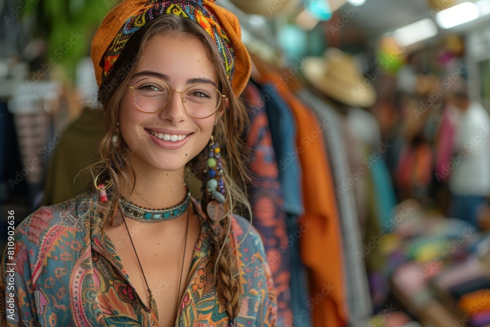 A woman with a headscarf and glasses smiles in a vibrant marketplace, surrounded by colorful clothes and accessories