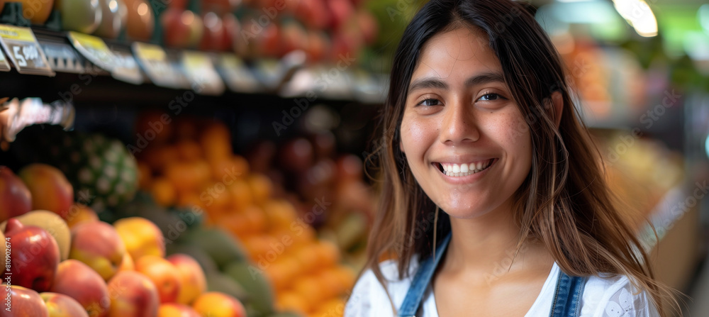 A smiling Spanish supermarket fruit worker looks into the camera, exuding positivity and willingness to help.
