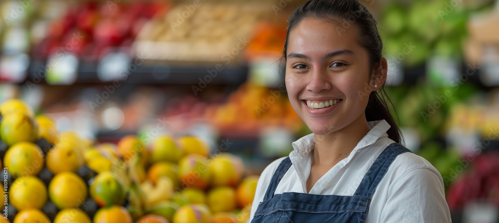 A smiling Spanish supermarket fruit worker looks into the camera, exuding positivity and willingness to help. A smiling Spanish supermarket fruit worker looks into the camera, exuding positivity and willingness to help.