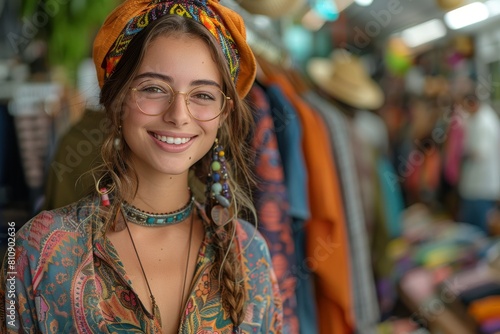 A woman with a headscarf and glasses smiles in a vibrant marketplace, surrounded by colorful clothes and accessories © Larisa AI