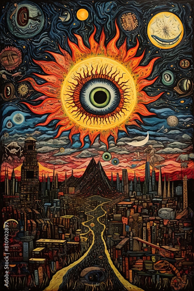 Obraz premium Sun over the city. Abstract poster in art brut style. Poster design illustration. Generative Ai