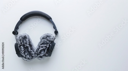 Top view stylish modern black headphones on white background. Generated AI image photo