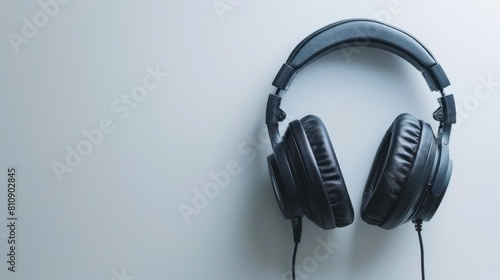 Top view stylish modern black headphones on white background. Generated AI image photo