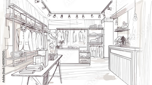 Freehand sketch of apparel shop interior with counter