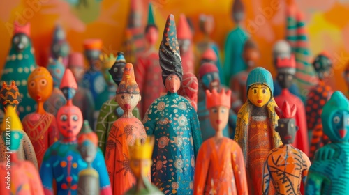A colorful painted group of people wooden figures celebrate Eid alFitr