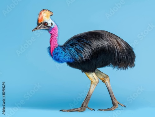 Cassowary Cassowary standing  side view  focusing on its powerful legs and colorful head  formidable appearance  isolated on blue screen background.
