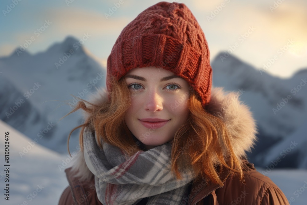 Portrait of a merry woman in her 30s donning a warm wool beanie over pristine snowy mountain Portrait of a merry woman in her 30s donning a warm wool beanie over pristine snowy mountain