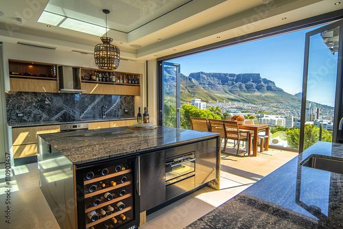 A contemporary Cape Town kitchen, with South African granite surfaces, a central island for wine tastings, and floor-to-ceiling sliding doors that showcase Table Mountain and the city bowl.
