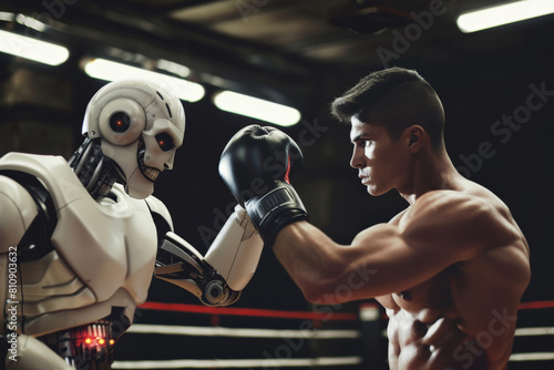 Athletic boxer engaging in a futuristic workout with robotic sparring partner.