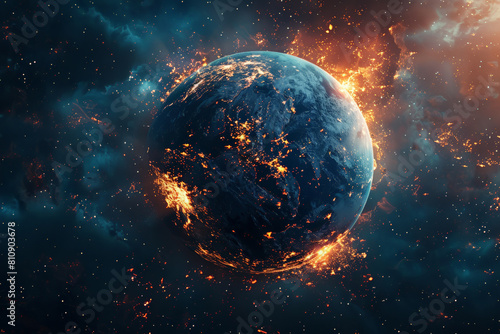 Cataclysmic apocalypse: Fiery destruction engulfs Earth in a cosmic, catastrophic end scenario.