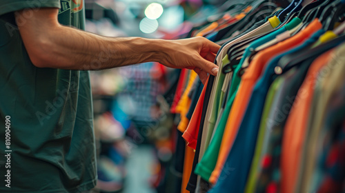 copy space, stockphoto, a person choosing second hand T-shirt in a second hand clothing store. Zero waste concept. Choosing second hand clothing to recude waste. Envirmonmental theme. photo