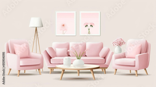 Elegant pink living room with stylish modern furniture and floral decor