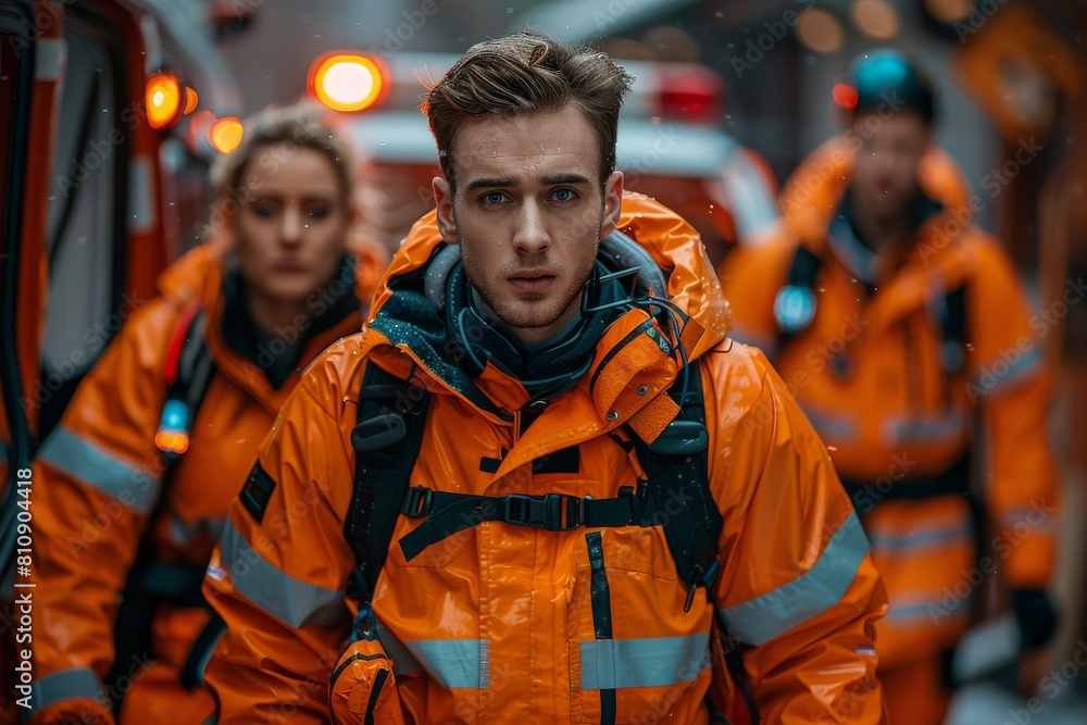 Fototapeta premium A focused emergency responder in a high-visibility jacket looks seriously ahead, with colleagues in the background