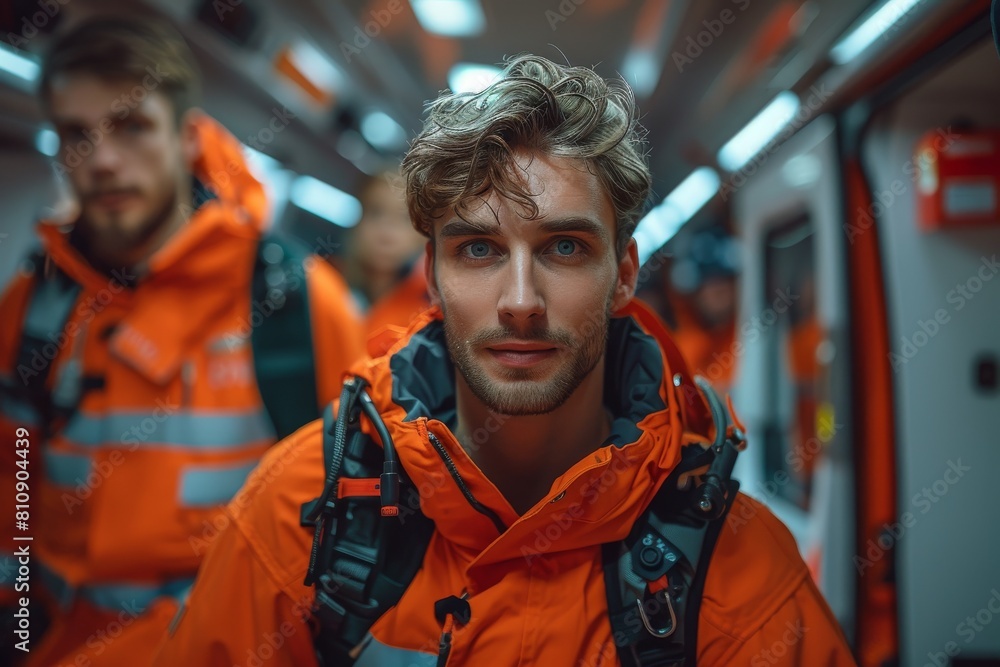 A sharp-looking rescue worker gazes intently with ambulance lights illuminating the background, showcasing urgency and dedication A sharp-looking rescue worker gazes intently with ambulance lights illuminating the background, showcasing urgency and dedication