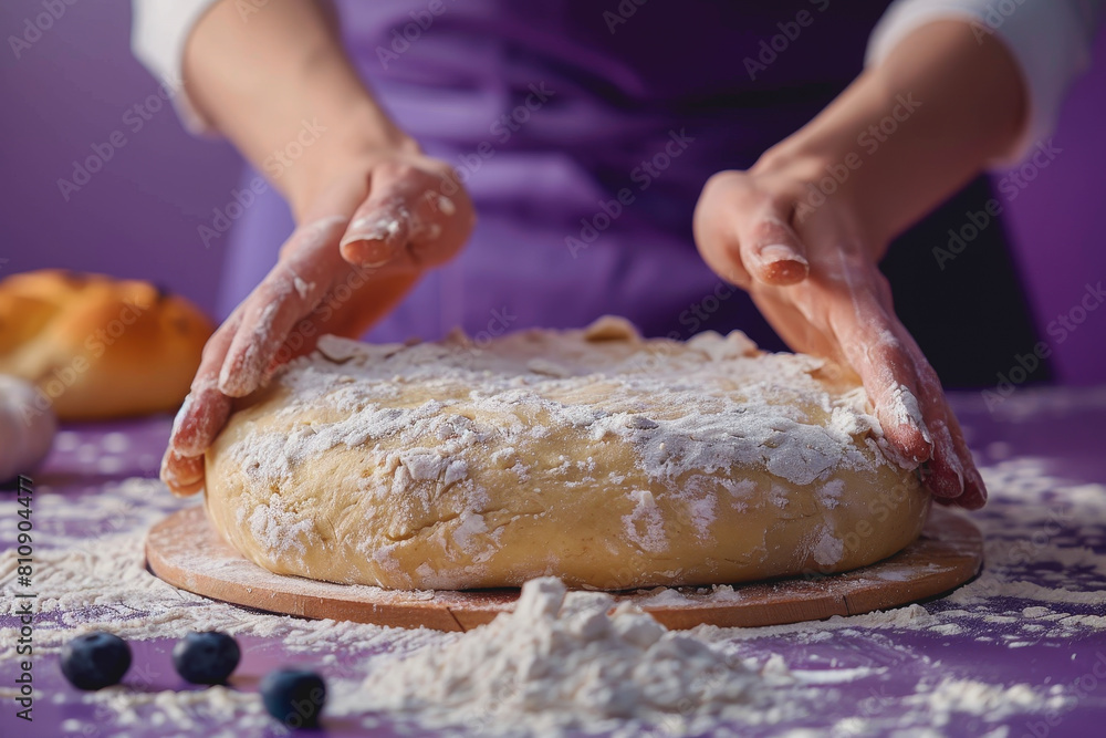 A woman is kneading dough, isolated on a purple background. she testing the dough for baking bread A woman is kneading dough, isolated on a purple background. she testing the dough for baking bread