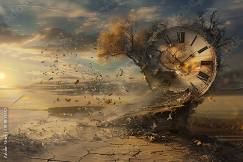 ephemeral concept of time abstract surrealist illustration. Surrealism art with clock.