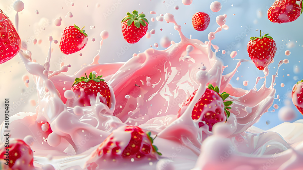 Fresh strawberries flying in the air with swirls of milk and strawberries background Fresh strawberries flying in the air with swirls of milk and strawberries background
