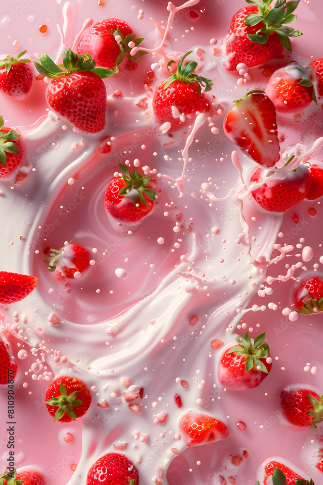 Fresh strawberries flying in the air with swirls of milk and strawberries background Fresh strawberries flying in the air with swirls of milk and strawberries background