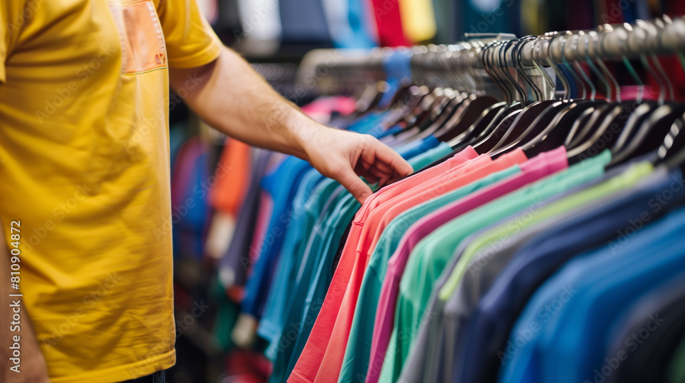 Obraz premium copy space, stockphoto, a person choosing second hand T-shirt in a second hand clothing store. Zero waste concept. Choosing second hand clothing to recude waste. Envirmonmental theme.