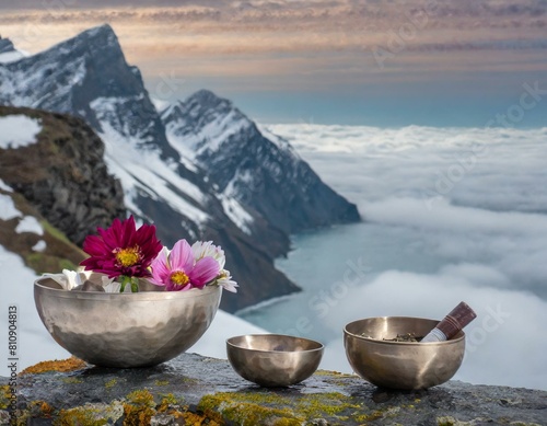 Three Tibetan silver ritual mother of pearl shell offering bowls floating on epic ocean side of snow mountain cliff 