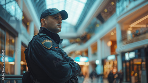 Security guard in black uniform stands alert in a bustling shopping mall photo