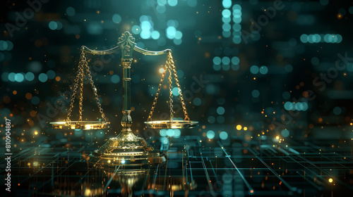 Digital rendering of justice scales on a virtual grid with glowing lights