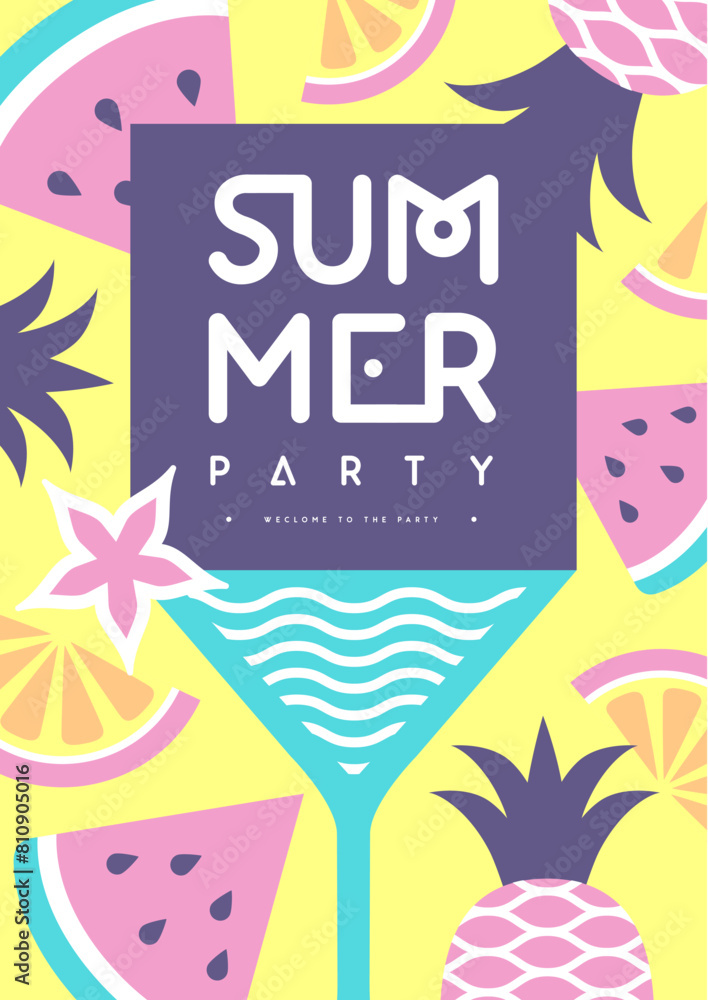 Retro flat summer disco party poster with cocktail and tropic fruits. Vector illustration Retro flat summer disco party poster with cocktail and tropic fruits. Vector illustration