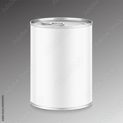 Hight realistic can with easy-open lid mockup. Vector illustration isolated on grey background. Easy to use for presentation your product, idea, design. EPS10.