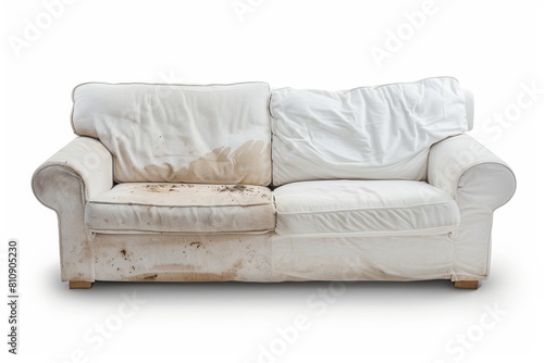 side by side comparison of the room with couch before and after cleaning service - dirty interior vs clean. 