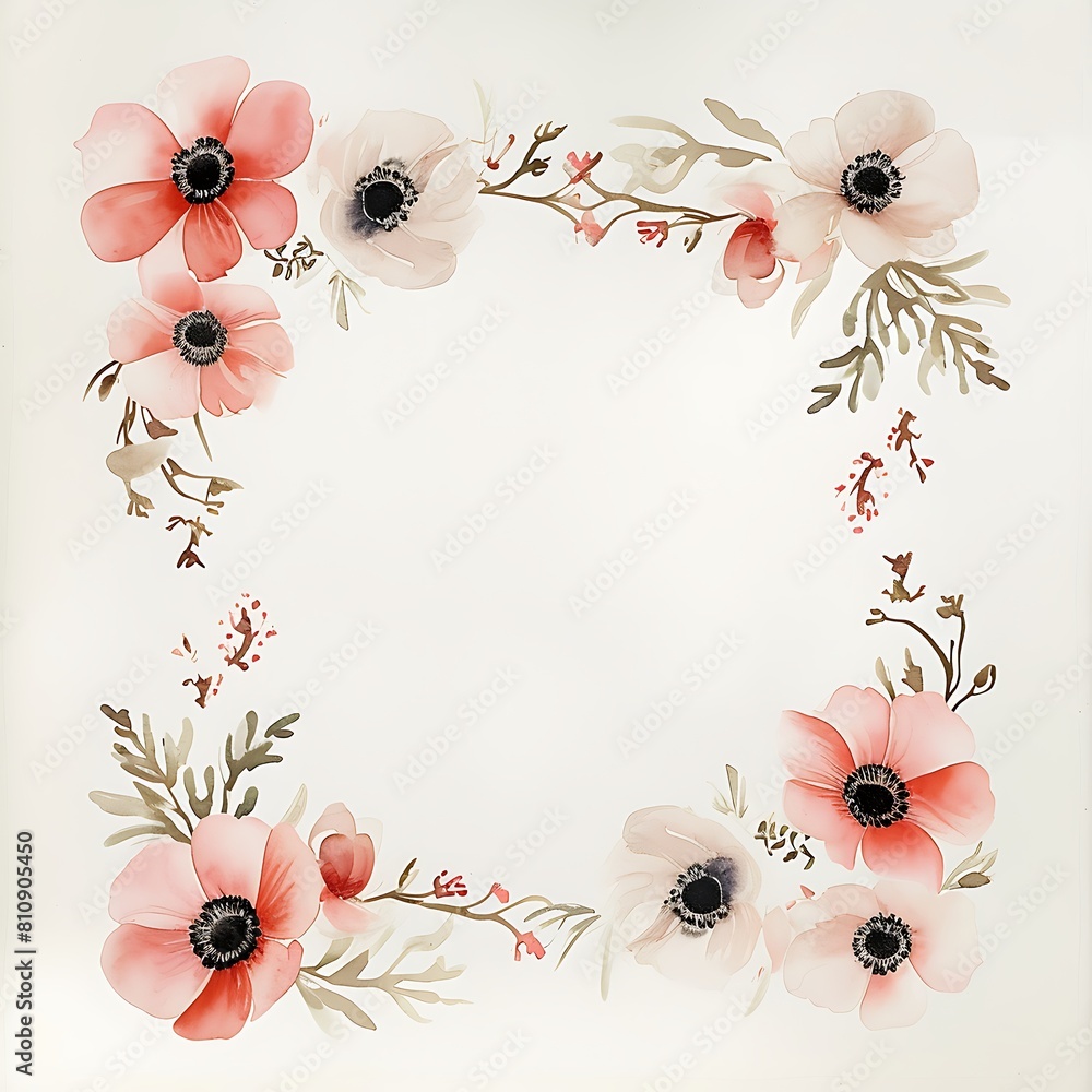 Watercolor floral frame with red anemone flowers on white background ...