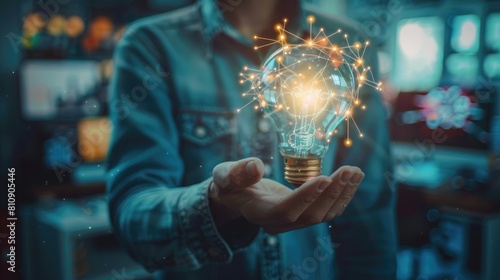 A person is holding a light bulb in their hand, Business strategy and creative concept