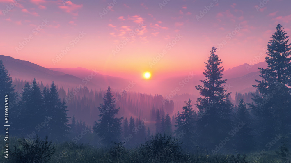 Obraz premium Captivating sunset over serene mountain landscape with lush forests